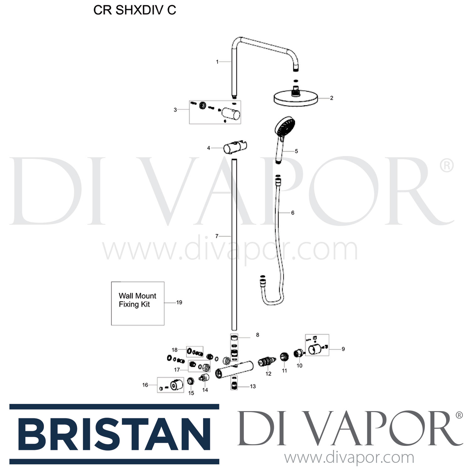 Bristan Cr Shxdiv C Carre Exposed Fixed Head Bar Shower With Diverter And Kit Spare Parts Br Dv 142